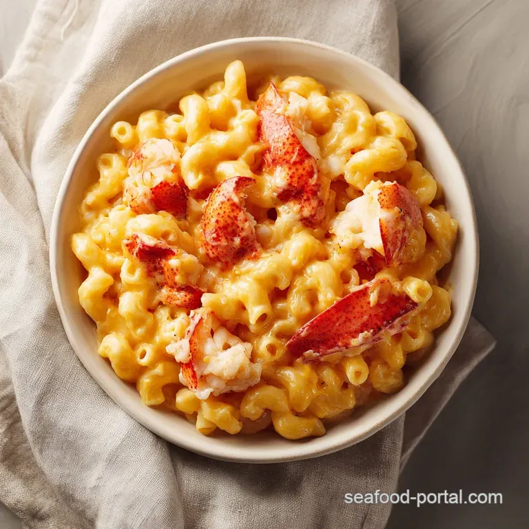 Elegant portion of lobster mac, creamy sauce glistening, garnished with fresh parsley on a white plate, inviting & delicious.