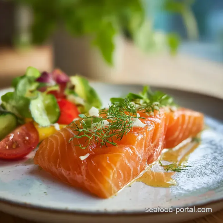 A perfectly cooked salmon fillet, brushed with a deep mahogany glaze, presented elegantly with lemon slices and fresh dill.