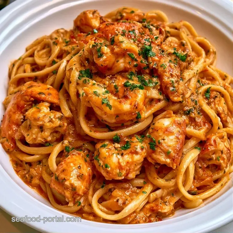 Elegant white plate featuring plump lobster tails atop twisted pasta, drenched in a rich, steaming red chili sauce.