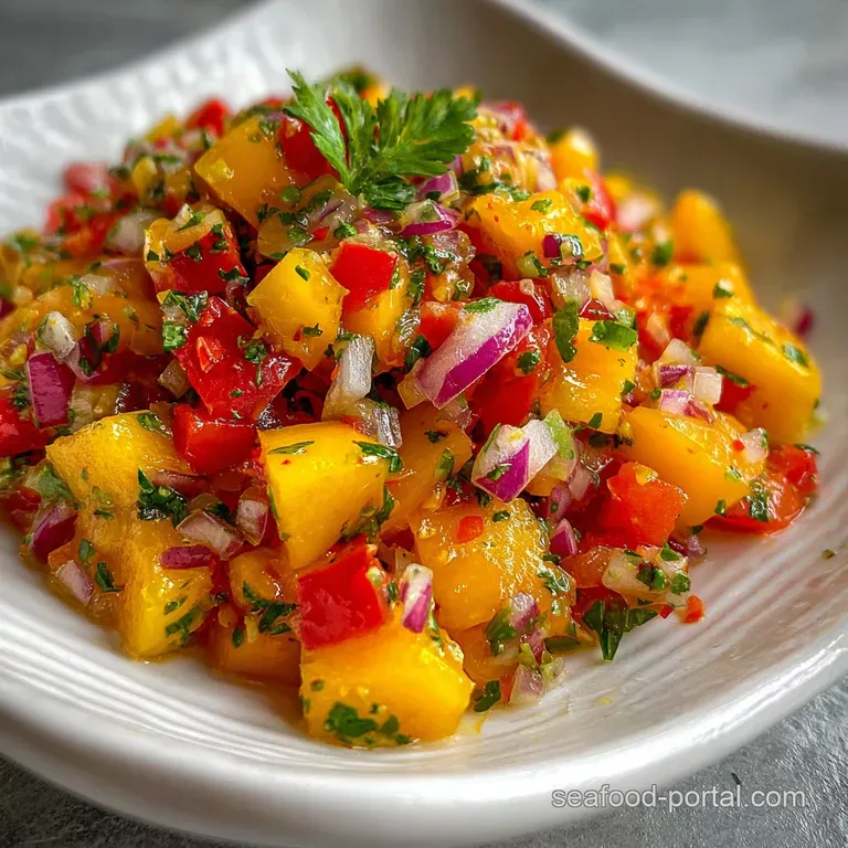 Bright, chunky mango salsa artfully spooned onto grilled fish; vibrant colors pop against the flaky white fish and charred...