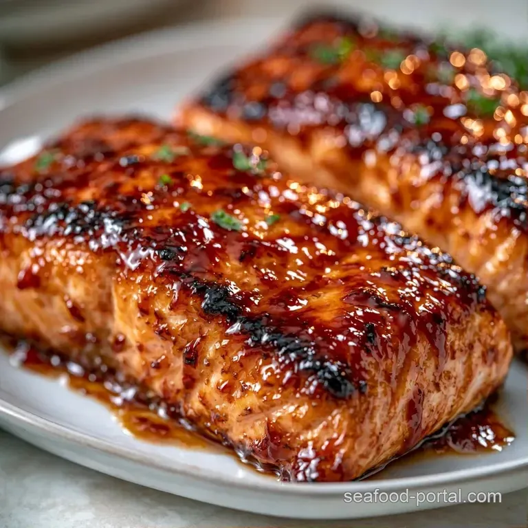 Perfectly seared pink salmon fillet centered on a minimalist black plate with a drizzle of glossy brown glaze.