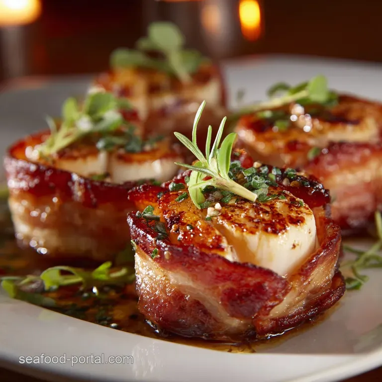 Bacon Wrapped Scallops: Maple-Glazed Perfection with Crisp Bacon presentation