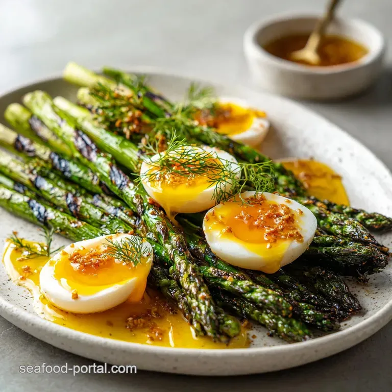 Elegant plate featuring bright green grilled asparagus, perfectly poached egg with a runny yolk, and a swirl of creamy, he...
