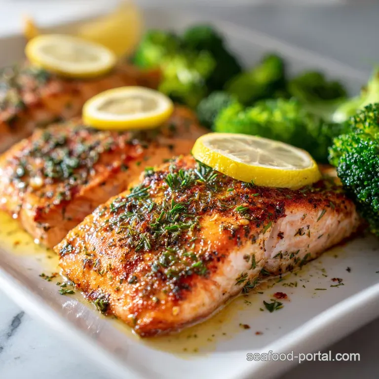 Elegant plate of salmon in rich, pale sauce, garnished with herbs and lemon slice, beside green vegetables.