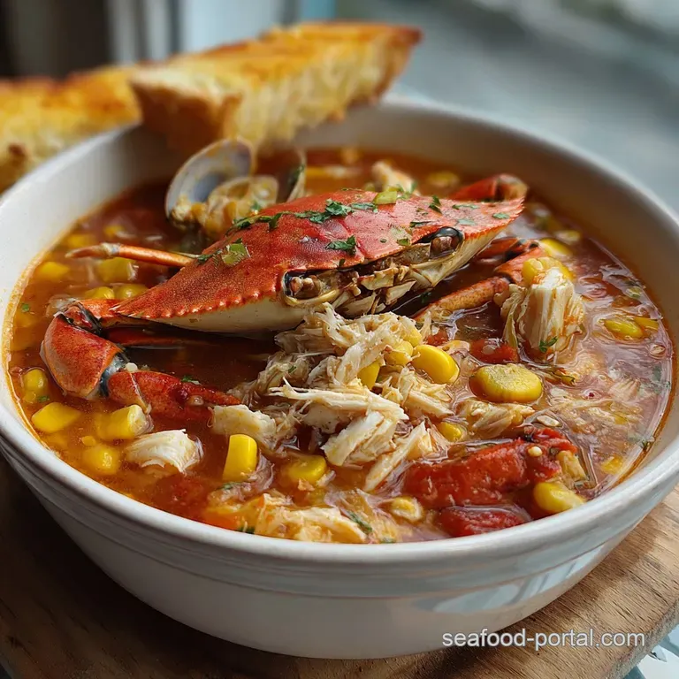 Steaming bowl of Maryland crab soup, garnished with fresh herbs, highlighting the visible crab meat and colorful vegetable...