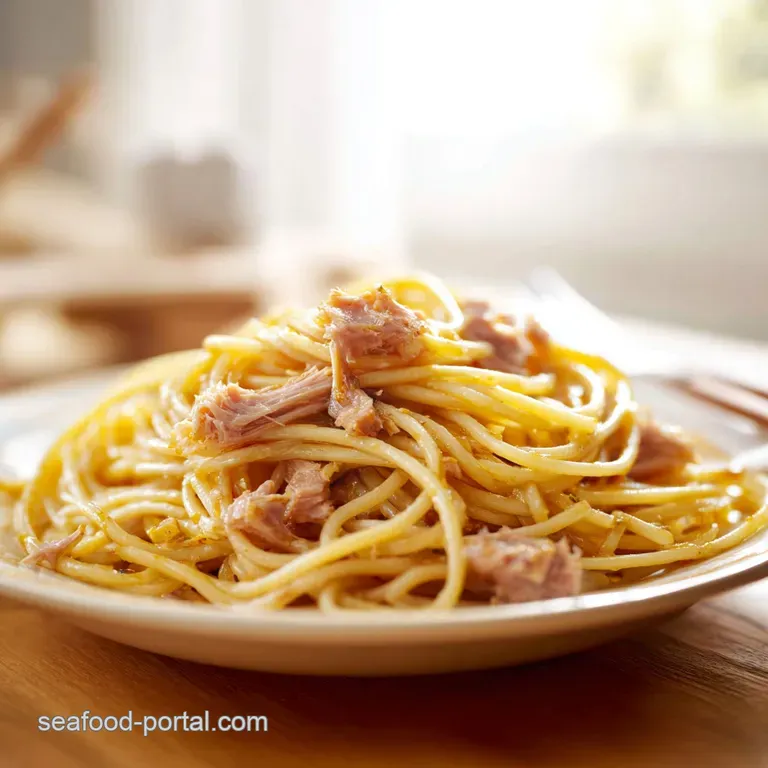 A neatly plated scoop of creamy tuna salad garnished with fresh parsley and lemon slices on a white ceramic plate