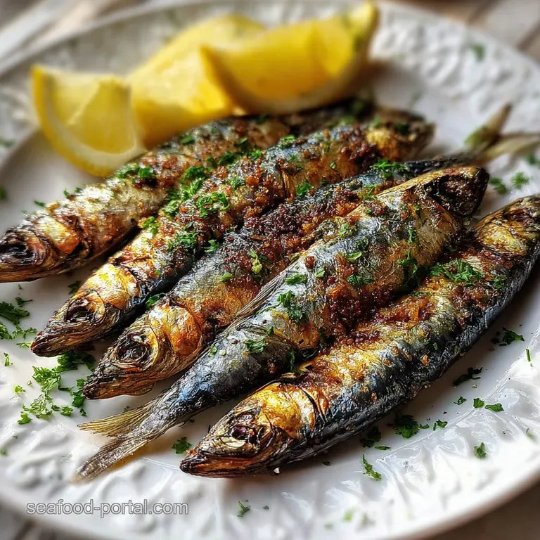 Two grilled sardines with crisped skin, drizzled with oil, beside a bright lemon wedge on a white plate.