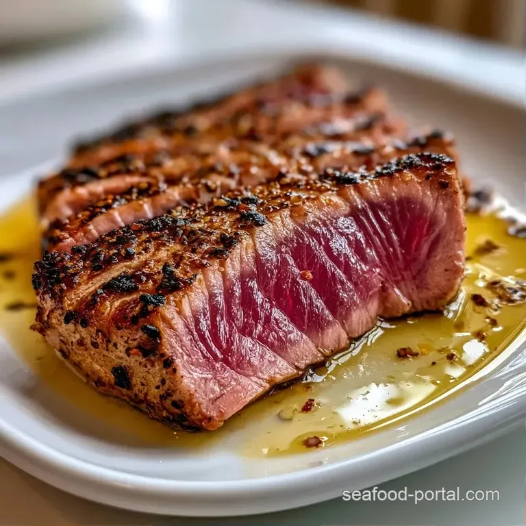Perfectly sliced tuna fillets on a ceramic plate with vibrant red tomatoes, dark olives, and green parsley.
