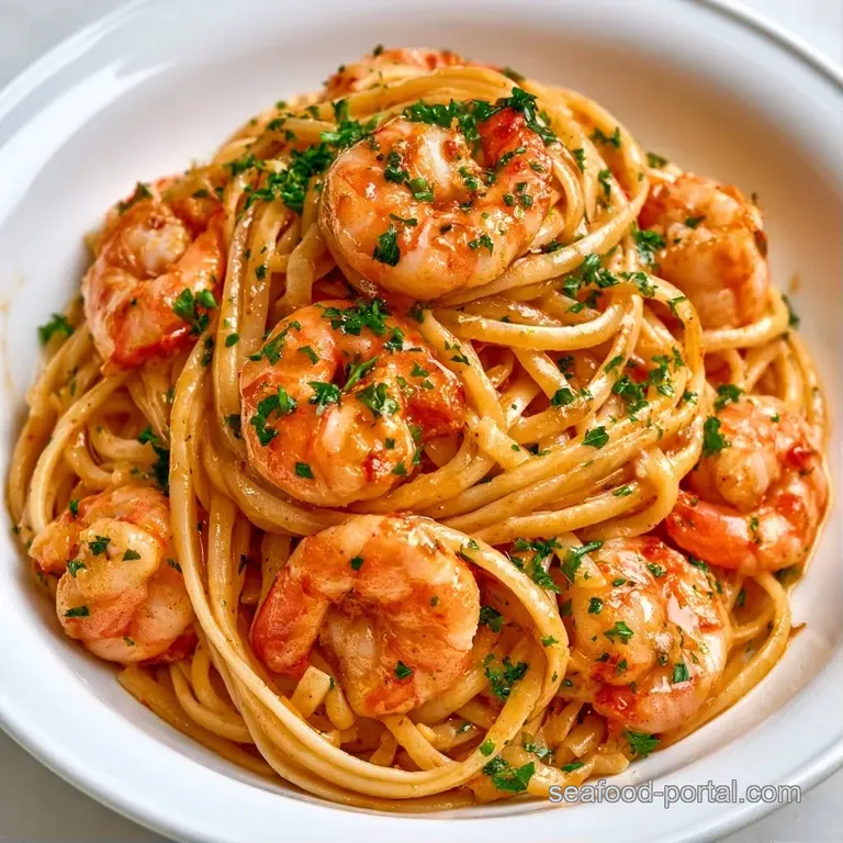 Twirled pasta in a white bowl topped with seared pink shellfish, bright lemon slices, and a sprinkle of white cheese.