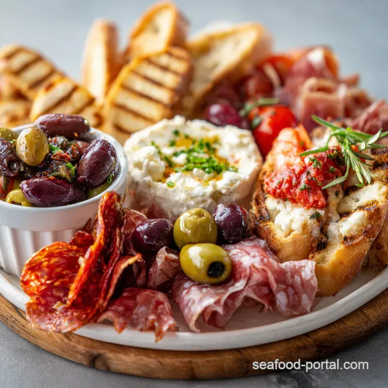 Artfully arranged mezze platter featuring creamy dips, glistening marinated artichokes, and crusty bread for dipping.
