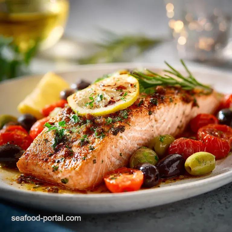 Perfectly plated salmon with bright vegetables. Flaky fish, juicy tomatoes, and glistening olives elevate the healthy meal.