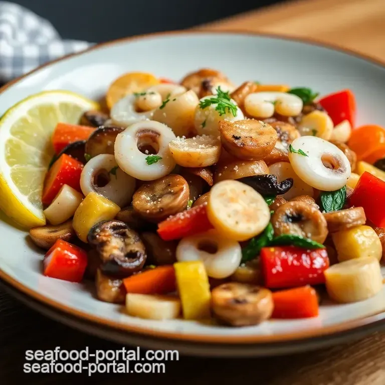 Mediterranean Style Sautéed Pacific Flying Squid with Seasonal Vegetables presentation