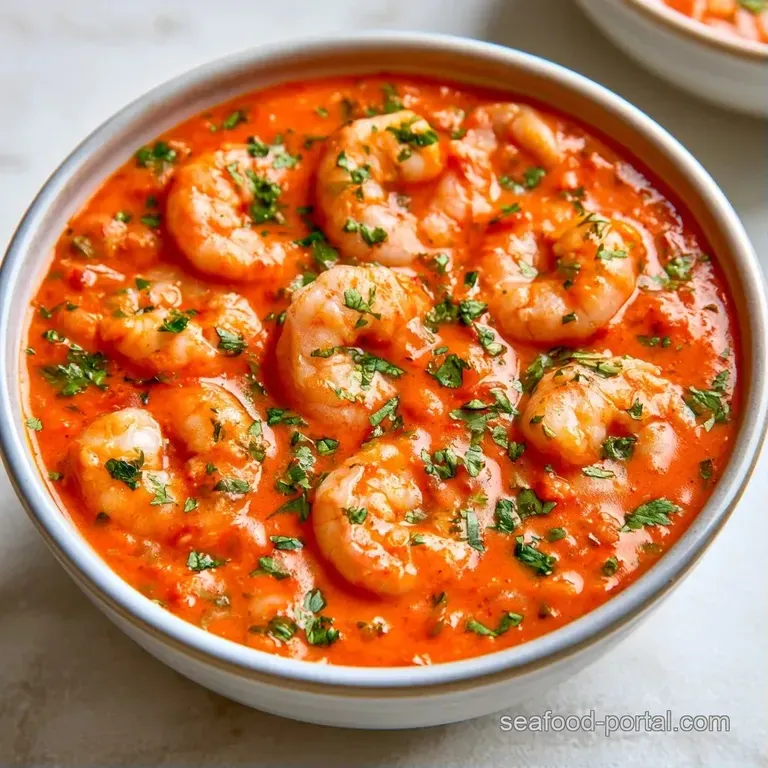 Elegant glass bowl of chilled seafood with vibrant green avocado cubes and red onion in a bright orange broth.