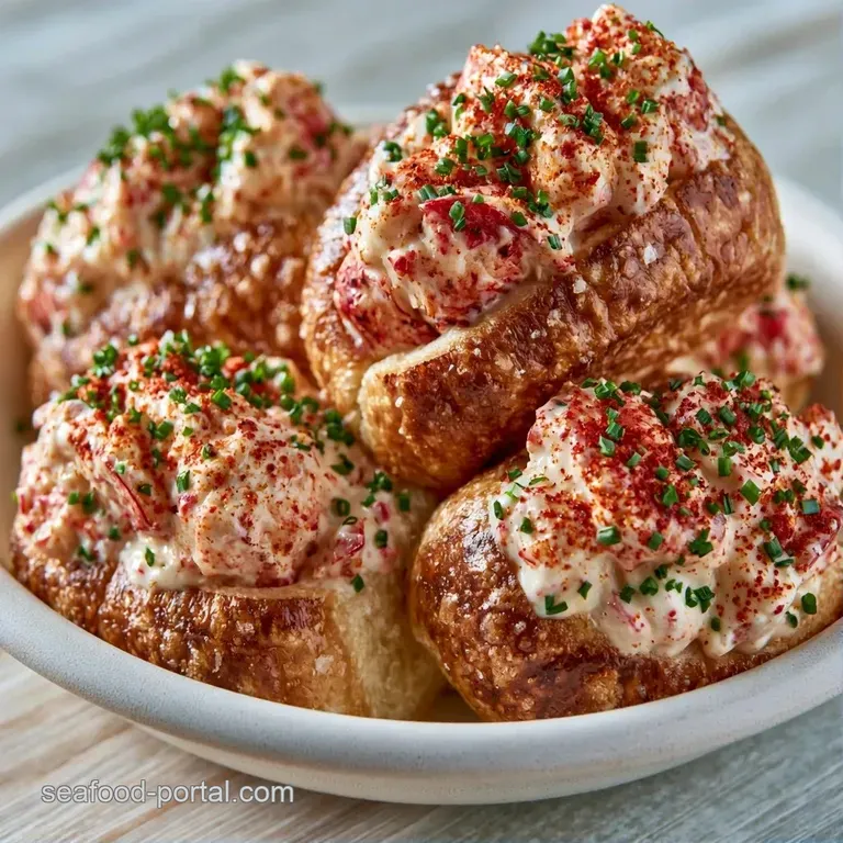 Array of small golden buns filled with creamy lobster meat, accented by lemon slices on a clean white ceramic plate.