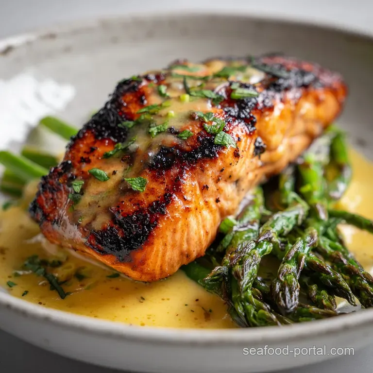 Elegant salmon fillet brushed with miso butter, served alongside fluffy rice and bright, crisp asparagus spears. Simple pe...