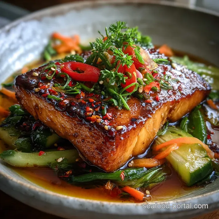 Perfectly seared fish fillet with a rich amber glaze, artfully arranged on a white plate with a sprig of herbs.