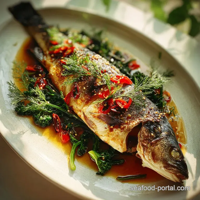 Branzino fillet resting on a bed of vibrant green vegetables, its crispy skin reflecting light. An elegant, balanced compo...