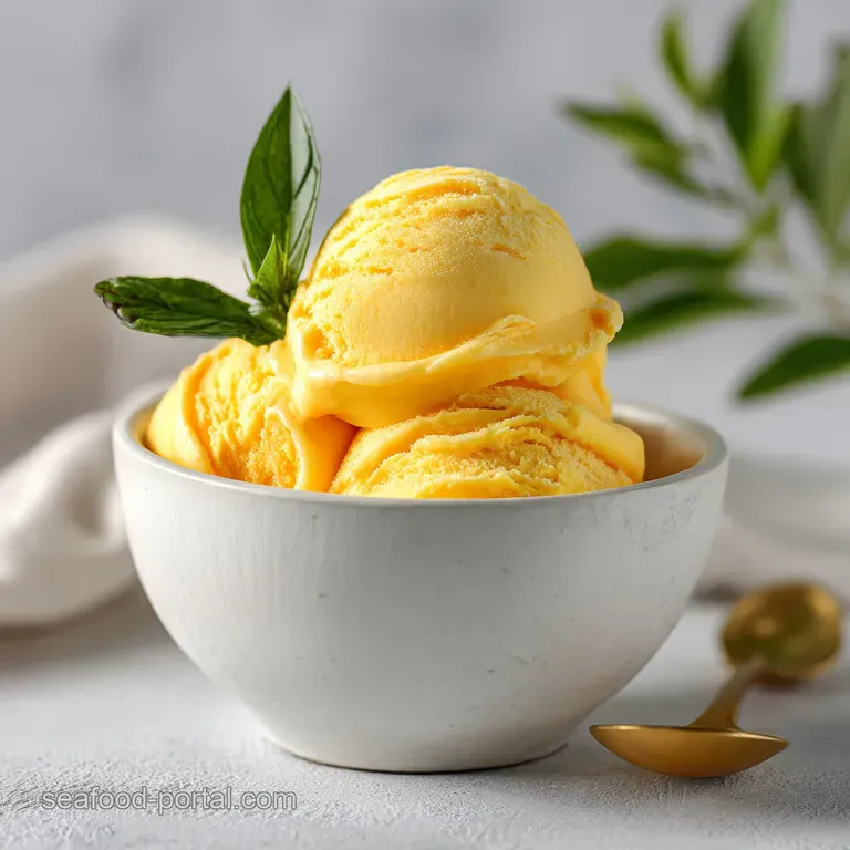 Scoops of mango ice cream, elegantly presented in a chilled glass, garnished with fresh mint. Creamy, inviting texture. Co...