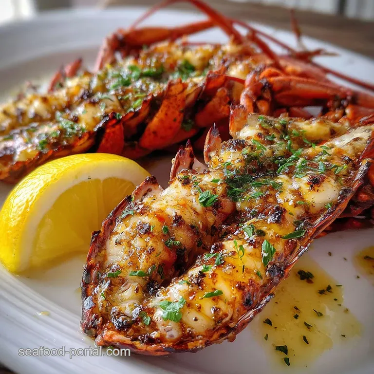 Perfectly plated lobster tail with bright lemon wedge and herbs. The shell shows a rosy-orange hue indicating ideal cooking.