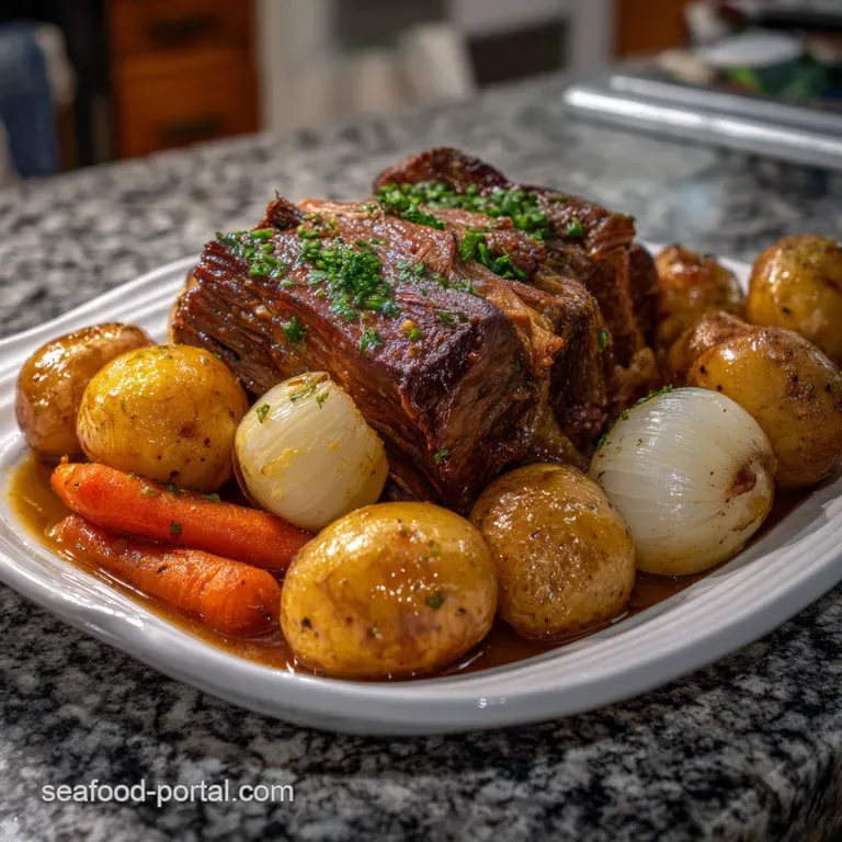 Slices of succulent roast beef fanned on a white plate, showcasing a rich, dark crust, drizzled with flavorful gravy and c...