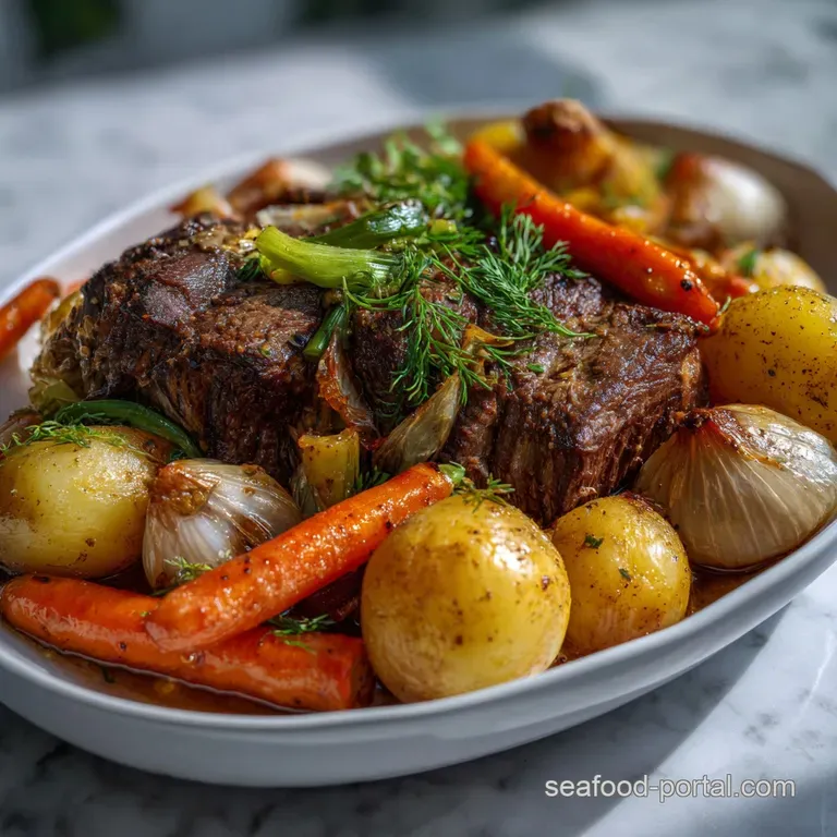 A single slice of pot roast, showing a fall-apart texture, artfully plated with creamy mashed potatoes and glazed root veg...