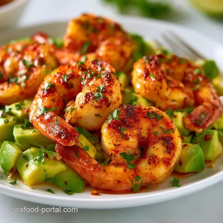 Vibrant pink shrimp and creamy green avocado chunks artfully arranged in a white ceramic bowl with lime slices.