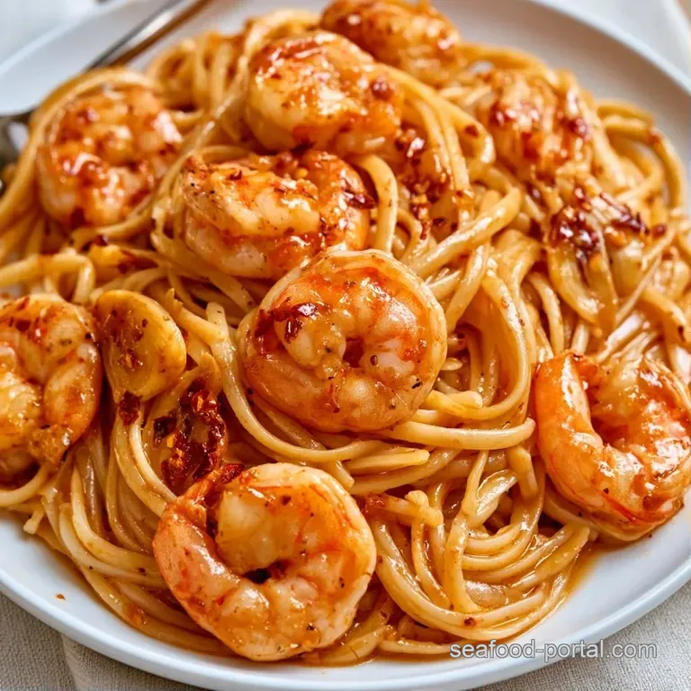 Elegant white bowl of glossy noodles and pink shellfish garnished with fresh chopped parsley and a lemon wedge.
