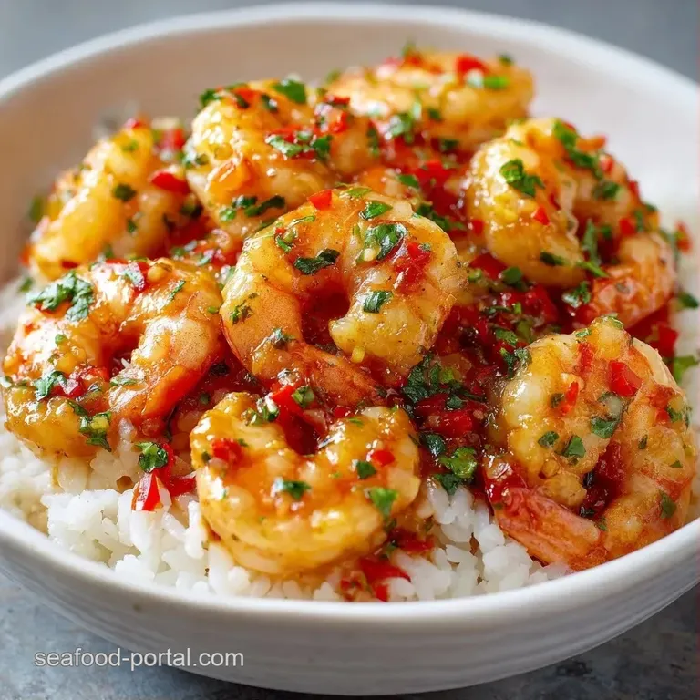 Plump pink shrimp resting on fluffy seasoned rice in a white bowl, garnished with bright green scallions and lemon.