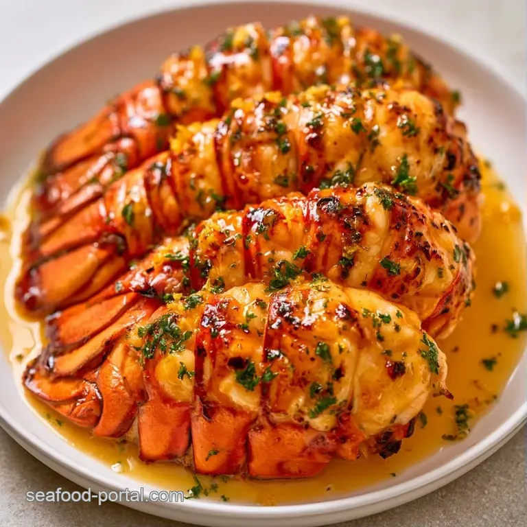 Plated lobster tails with seared edges, garnished with fresh orange slices and sprigs of green herbs on white porcelain.