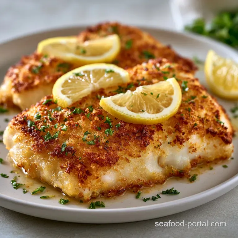A plated white fish fillet garnished with a lemon wedge and sprigs of green parsley on a slate grey board.