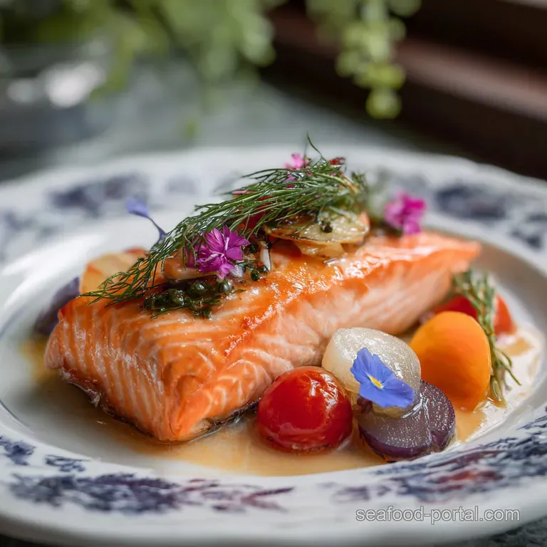 Perfectly cooked salmon fillet drizzled with lemon sauce, alongside bright green asparagus and a lemon wedge on a white pl...