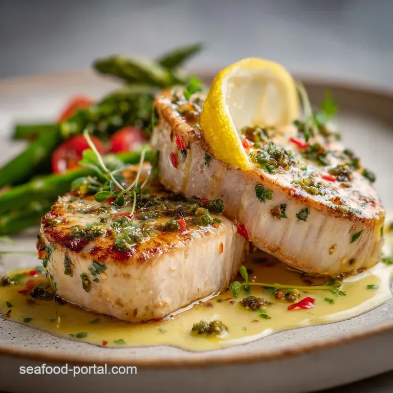 Perfectly seared swordfish steak with grill marks, served atop a bed of vibrant greens and a bright citrus wedge.