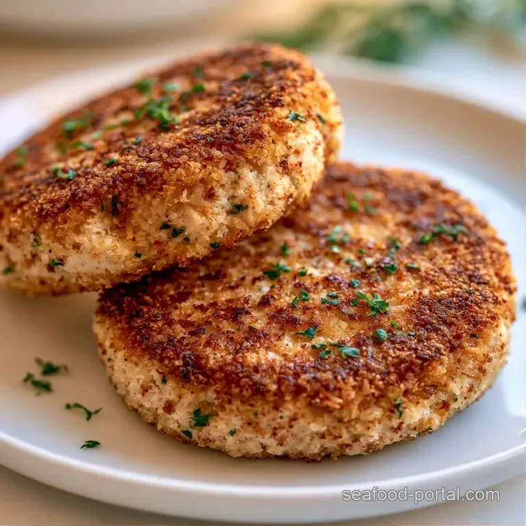 Three seared patties on a white ceramic plate with a dollop of creamy tartar sauce and a sprinkle of green parsley.