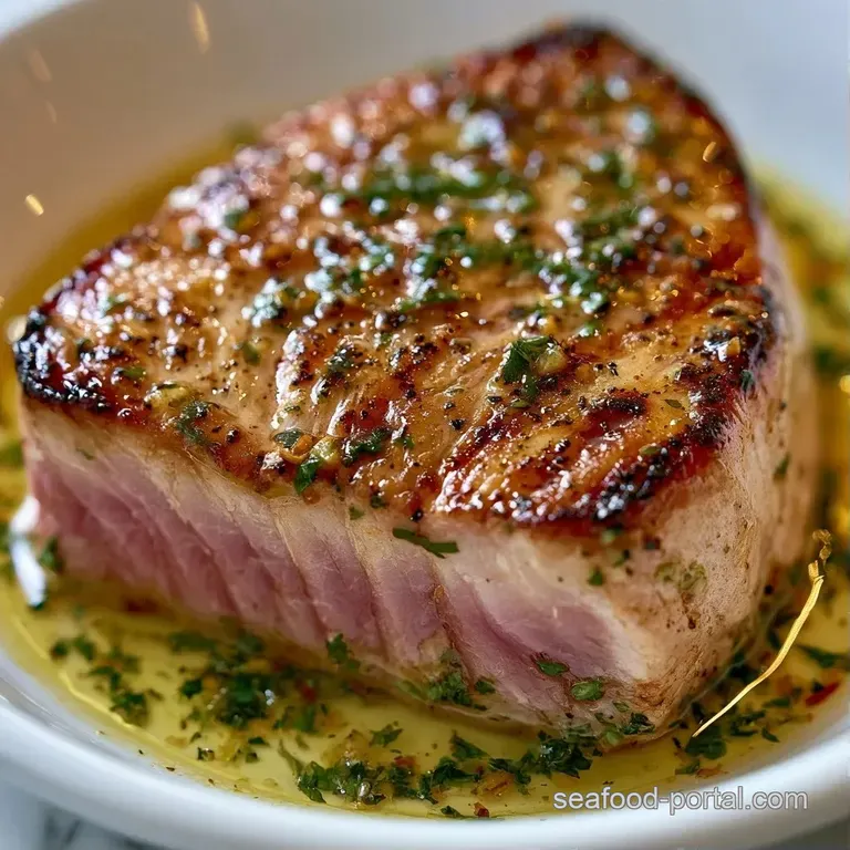 Thick tuna fillet resting on a bed of sautéed spinach with a fresh lemon wedge and parsley on a dark slate plate.