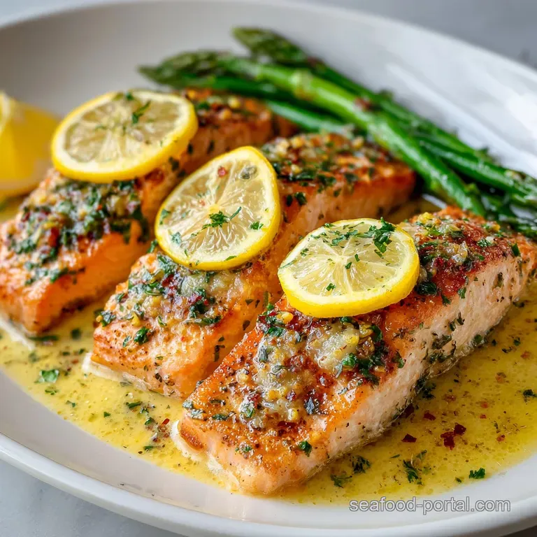 Perfectly cooked salmon fillet beside bright green asparagus spears and lemon wedges, a light and flavorful plate, elegant...