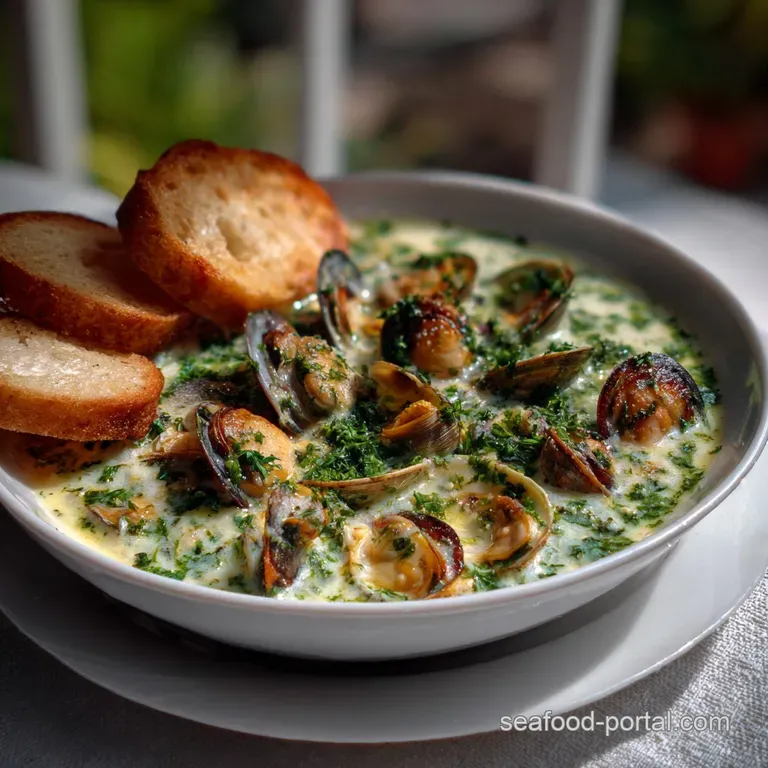 Elegant serving of creamy oyster soup in a shallow bowl, showcasing the glistening broth and delicate oyster presentation.