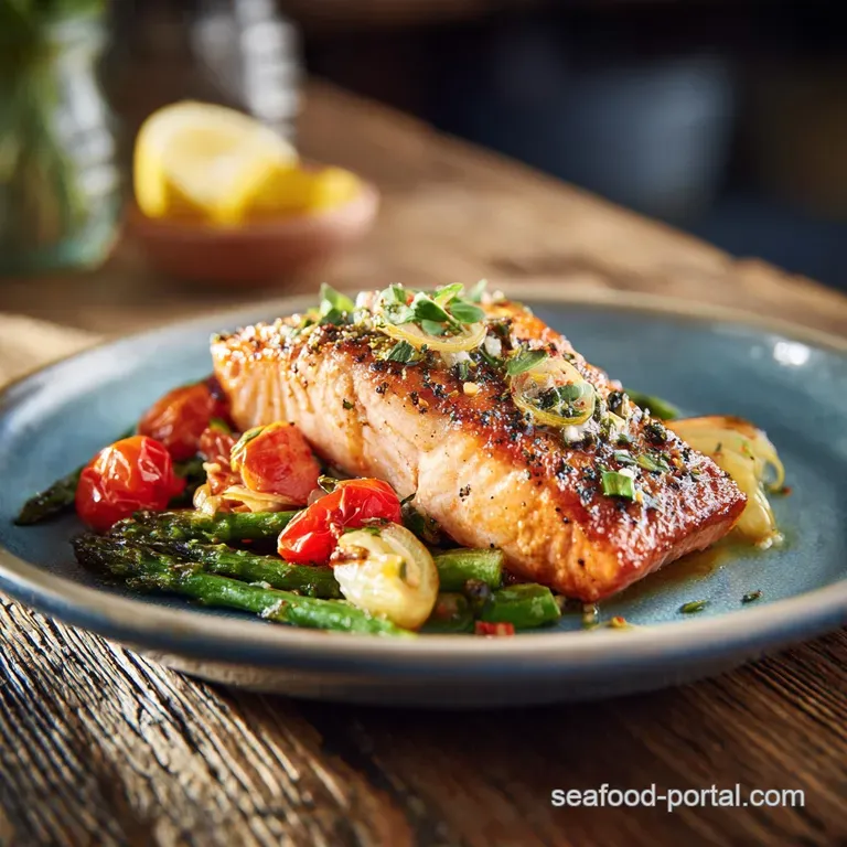 Perfectly seared salmon showing crispy, browned skin rests on bright green asparagus with lemon slice for an elegant plate...