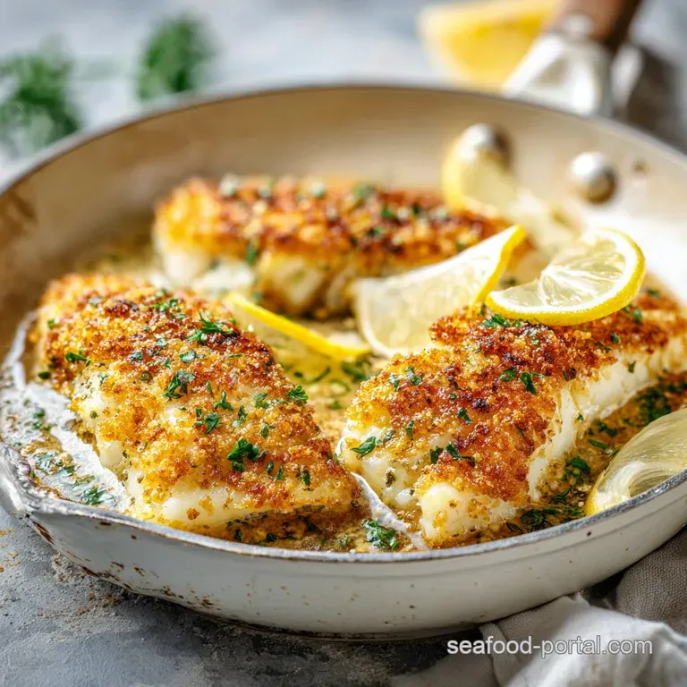 Crispy fried cod fillet artfully arranged with bright lemon wedges and a sprinkle of fresh parsley.