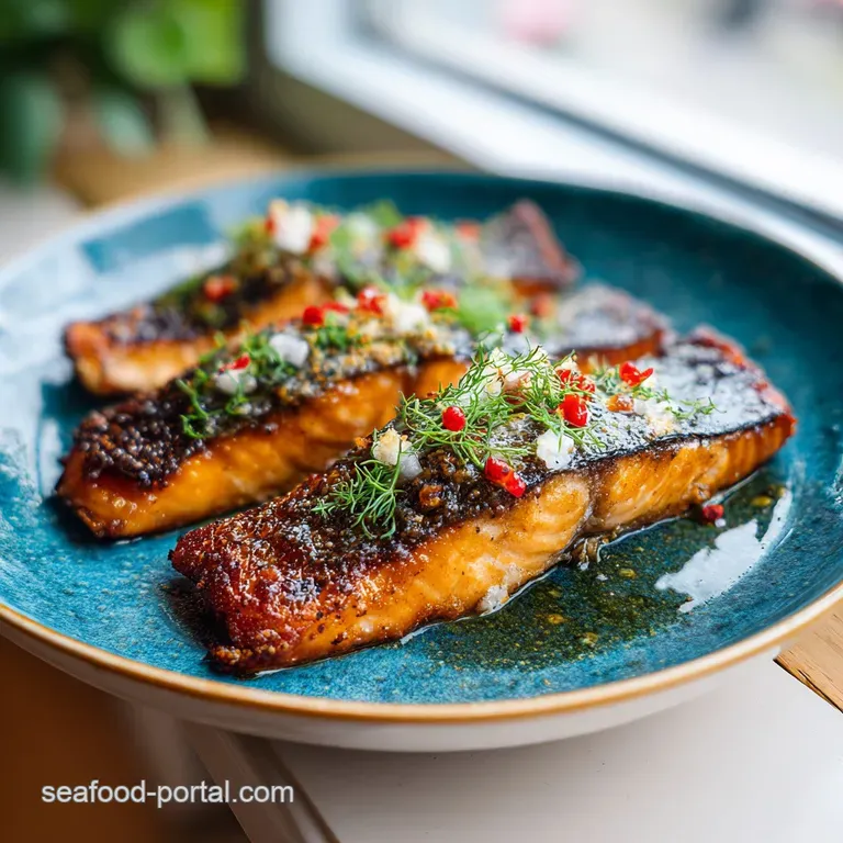 Elegant salmon fillet with vibrant green asparagus spears, artfully arranged on a dark plate.