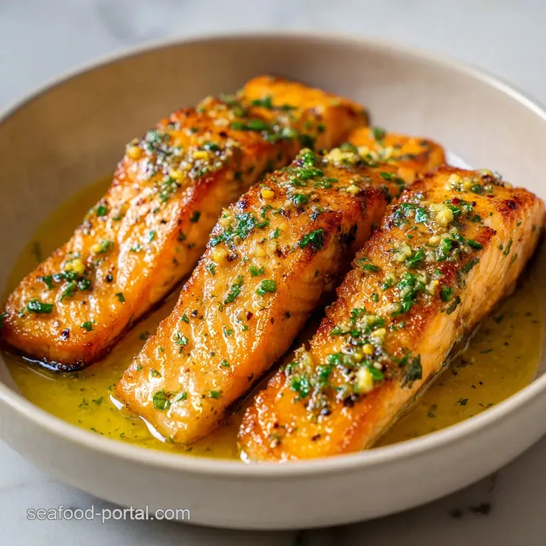 A golden salmon fillet on a white plate with bright green asparagus and a glistening, buttery lemon garlic glaze.