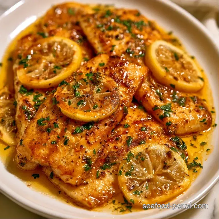 Two golden-brown fish fillets drizzled with glossy amber butter and finished with a sprinkle of fresh green parsley.