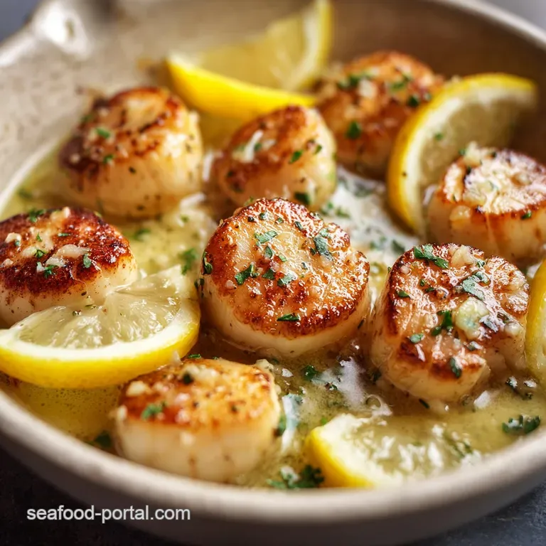 Perfectly browned scallops elegantly plated with vibrant lemon slices and fresh parsley, bathed in glistening butter sauce...