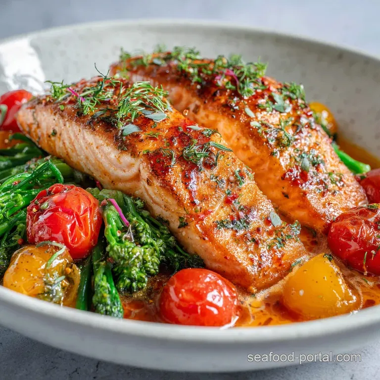 Flaky pan-seared salmon skin reflects light, atop a bed of bright green parsley with a drizzle of creamy sauce.