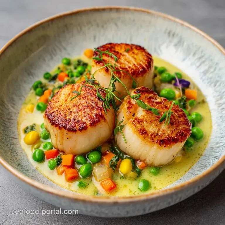 A swirl of creamy white sauce cradles perfectly seared scallops, garnished with fresh herbs.