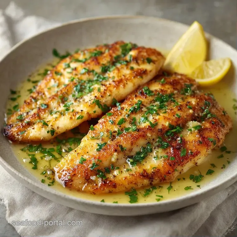 Two seared white fish fillets resting on saut&eacute;ed spinach with a wedge of lemon and a drizzle of melted garlic butter.