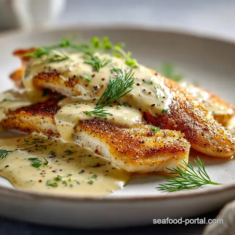 Perfectly seared fish fillet with golden edges, drizzled with a rich, textured sauce and vibrant green herbs. Modern and i...