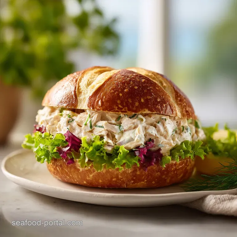 Tuna sandwich cut in half on a white plate. Flaky tuna salad, lettuce, and tomato offer textures against the crisp toasted...