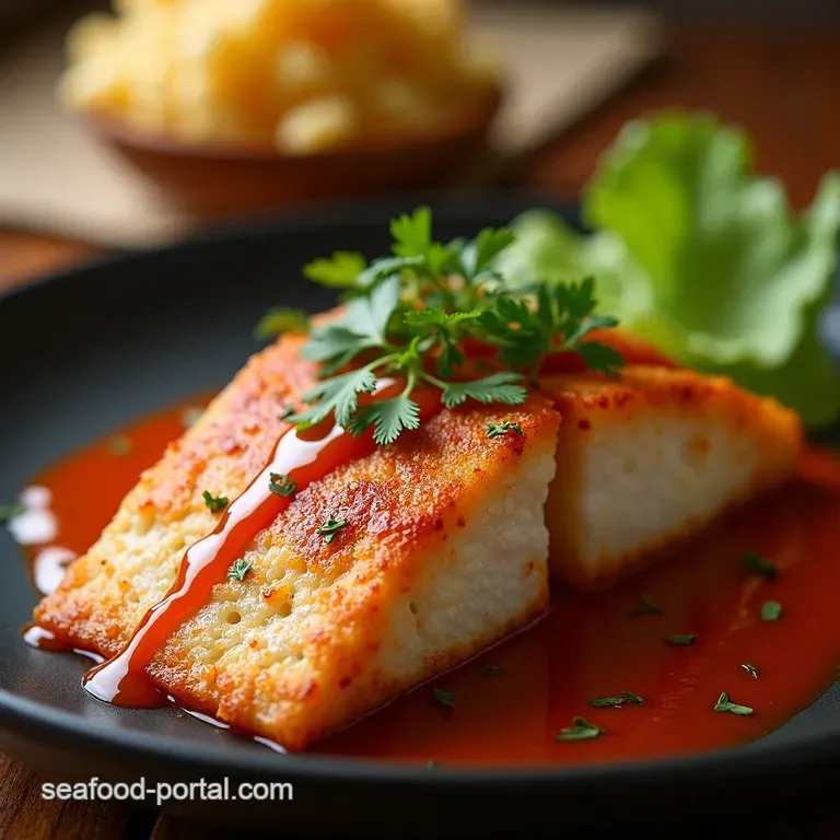 Panfried Basa with Fiery Tomato Sauce Zucchini presentation