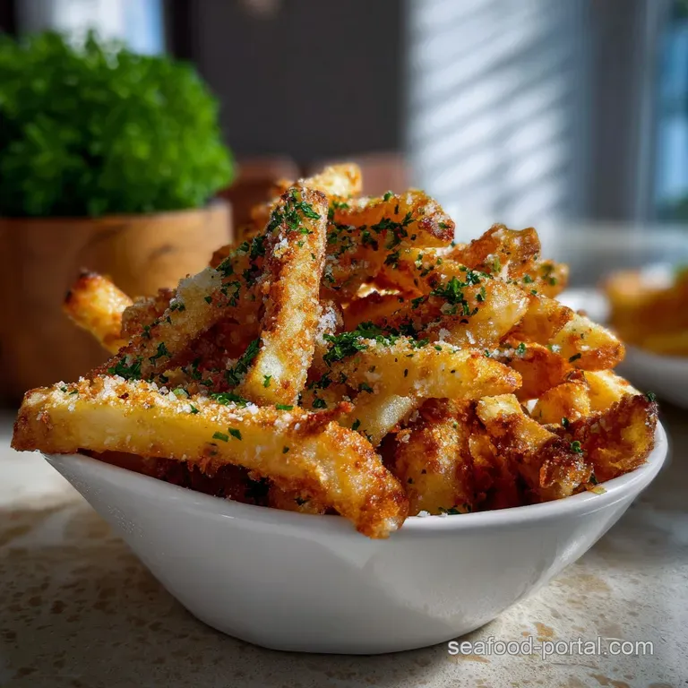 Perfectly plated fries, piled high on a white ceramic dish. The crispy texture contrasts with the soft, inviting truffle a...