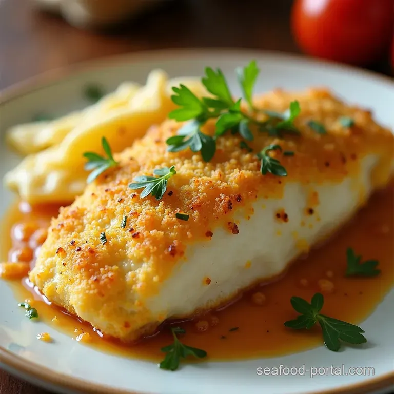 Parmesancrusted Cream Dory with Marinara Alfredo presentation